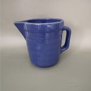 Vintage USA Stoneware Monmouth Pottery Pitcher 5” Blue Ribbed